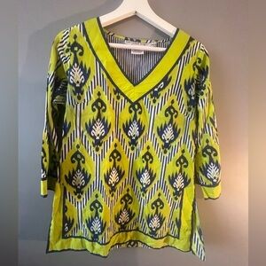 Gretchen Scott • Batik Aztec Bright Blue Green White Tunic Shirt size Small‎
